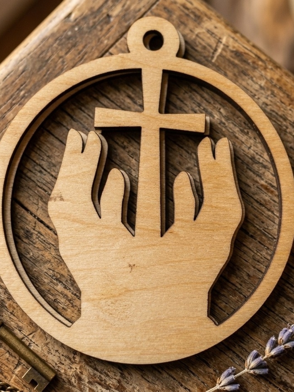 Wooden Cross in Hands Ornament - Natural Wood